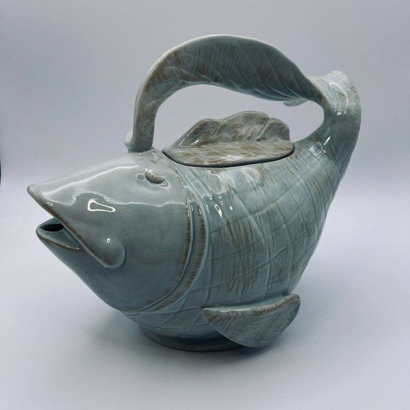 Blue Sky Ceramics, Diane, 2012, Koi Fish TeaPot, Light Green-Blue, Brushed Brown - Picture 2 of 9